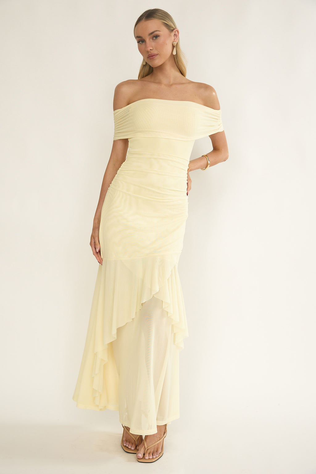 Kiarna Off-Shoulder Mesh Maxi Dress Butter by Selfie Leslie