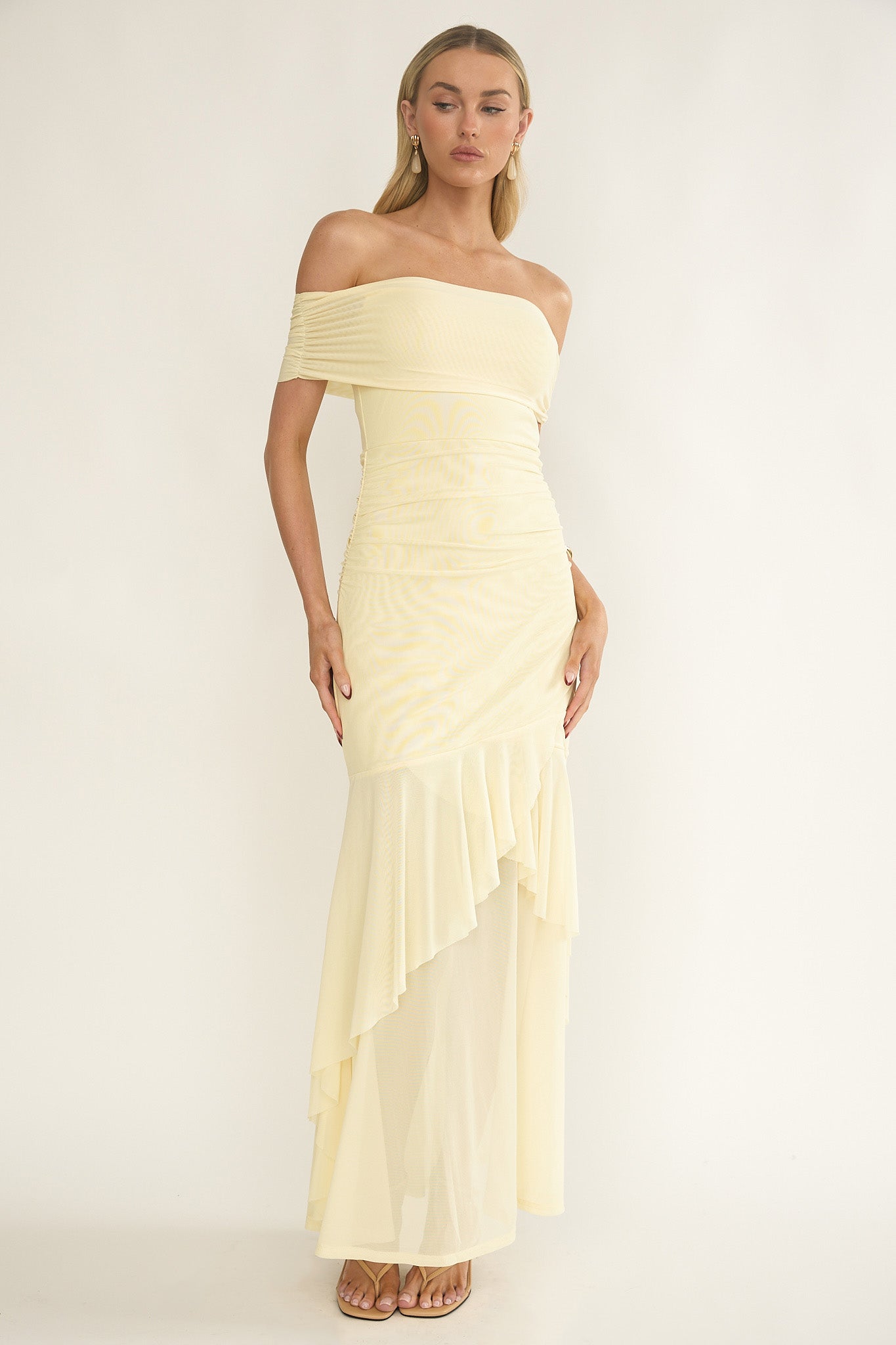 Kiarna Off-Shoulder Mesh Maxi Dress Butter– Selfie Leslie