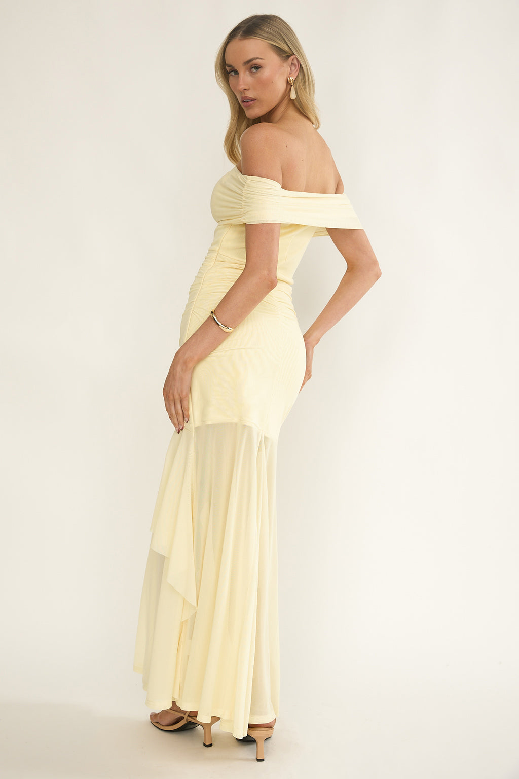 Kiarna Off-Shoulder Mesh Maxi Dress Butter by Selfie Leslie