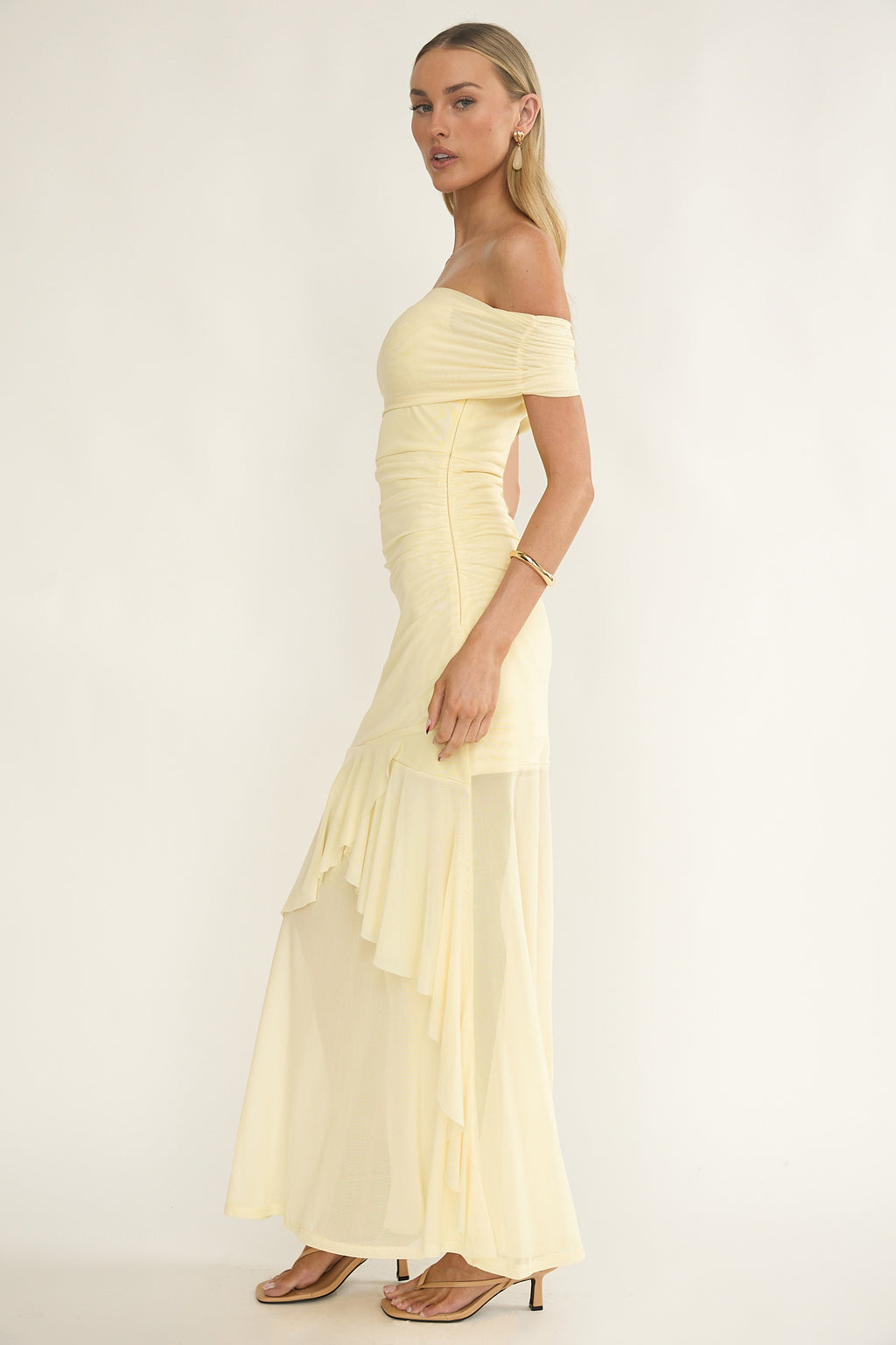 Kiarna Off-Shoulder Mesh Maxi Dress Butter by Selfie Leslie