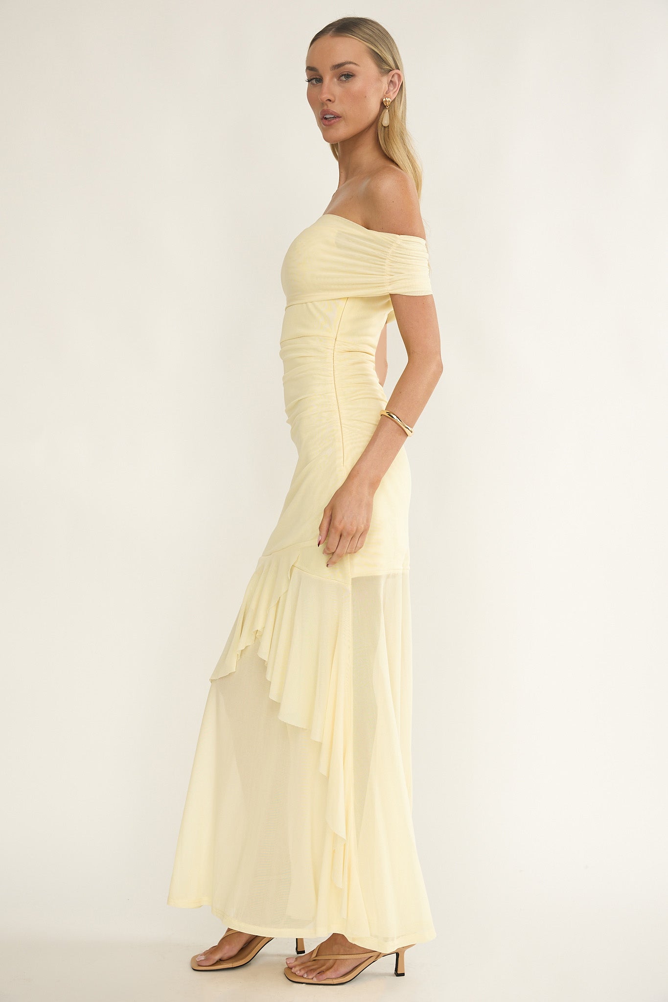Kiarna Off-Shoulder Mesh Maxi Dress Butter by Selfie Leslie