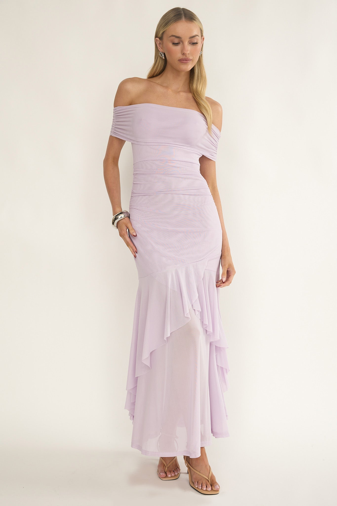 Kiarna Off-Shoulder Mesh Maxi Dress Lilac | Selfie Leslie