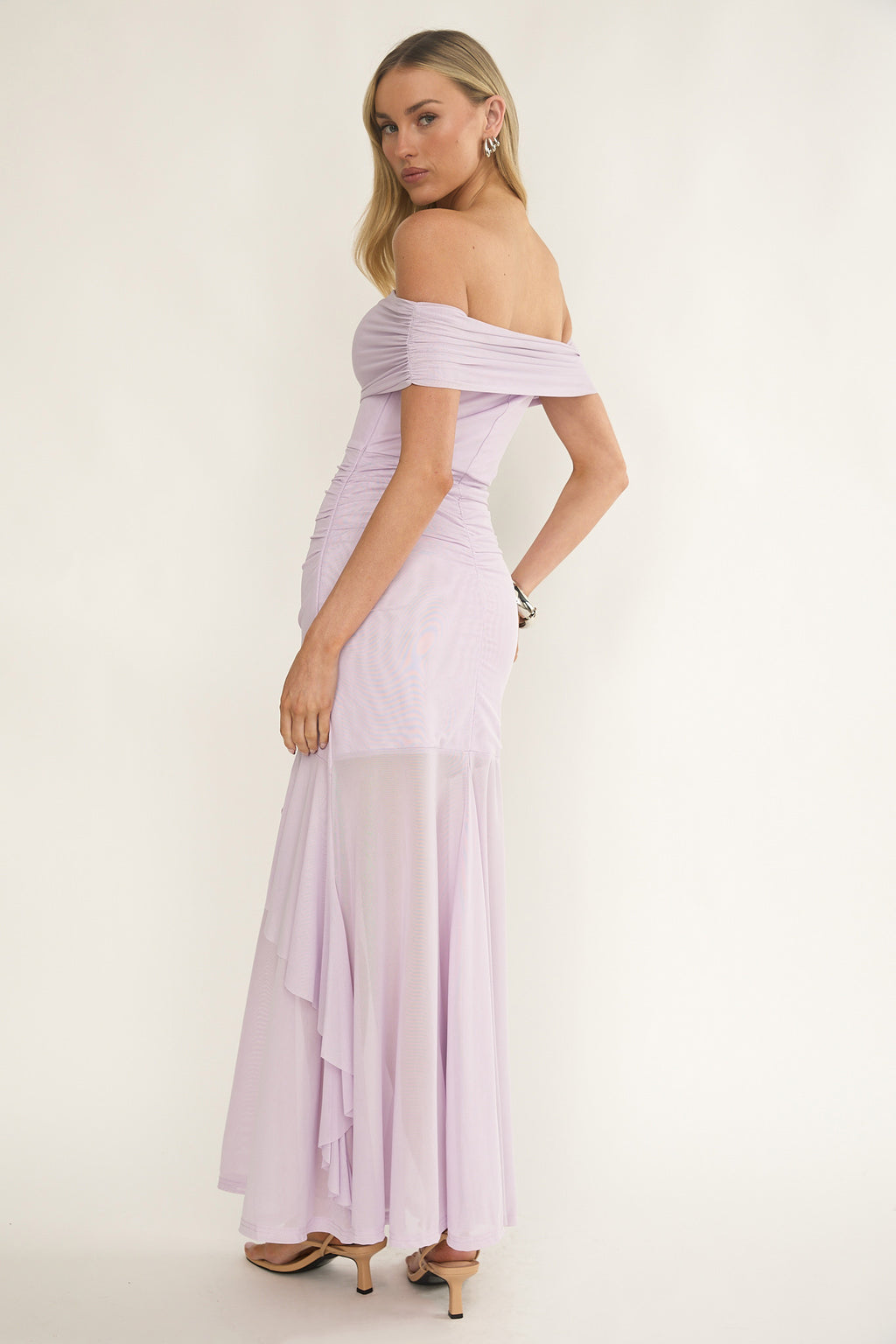 Kiarna Off-Shoulder Mesh Maxi Dress Lilac by Selfie Leslie