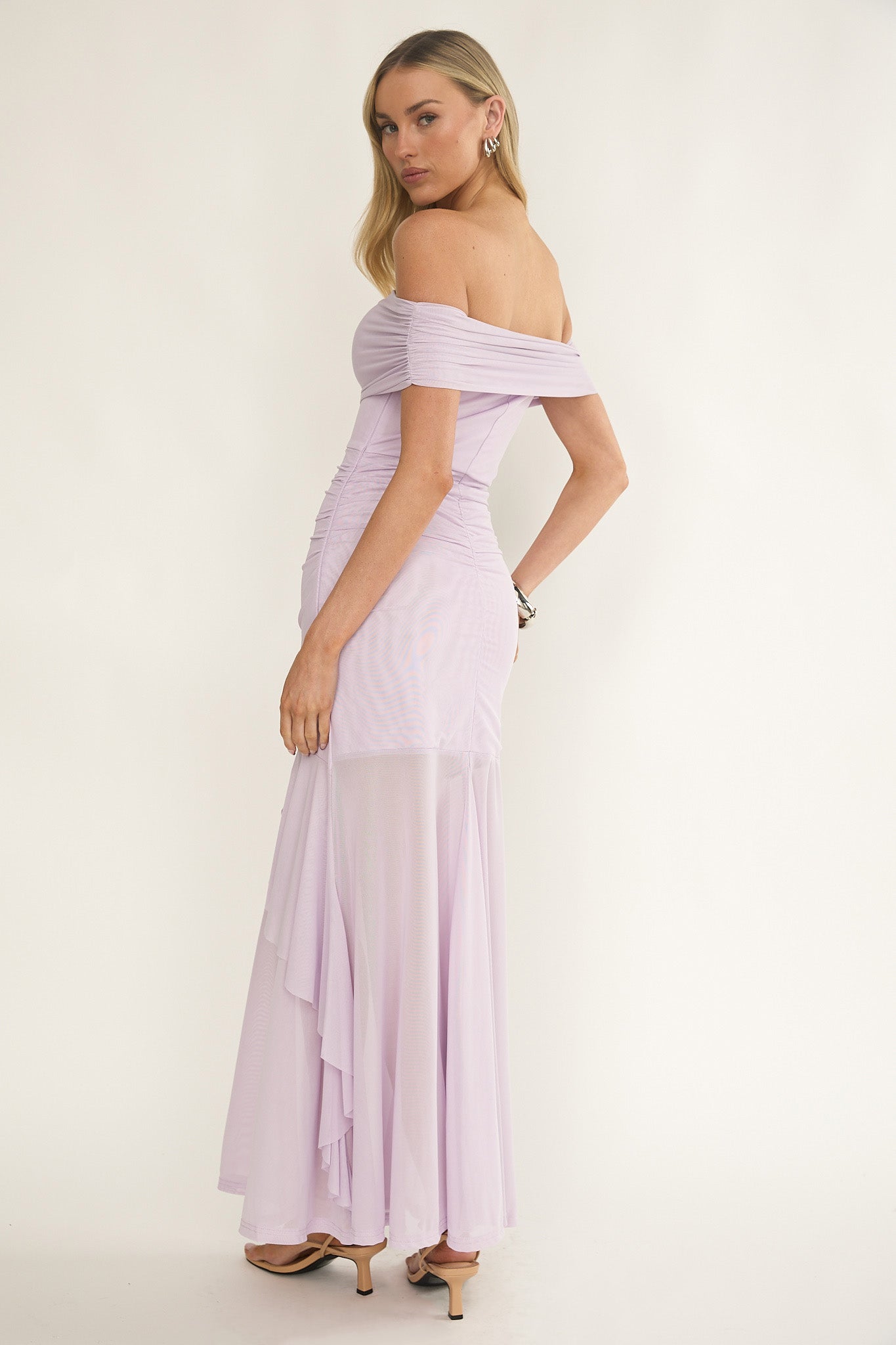 Kiarna Off-Shoulder Mesh Maxi Dress Lilac by Selfie Leslie