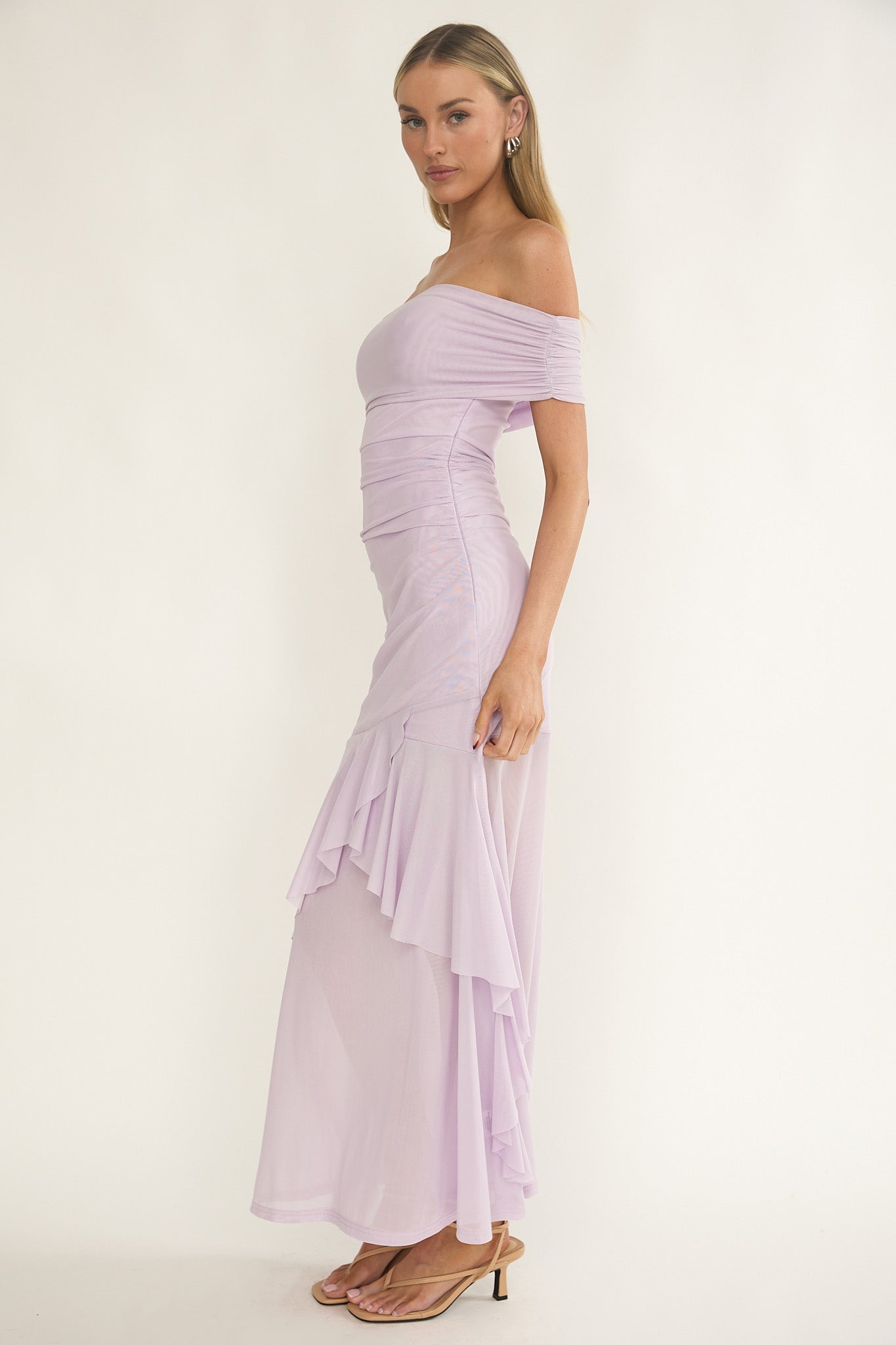 Kiarna Off-Shoulder Mesh Maxi Dress Lilac by Selfie Leslie