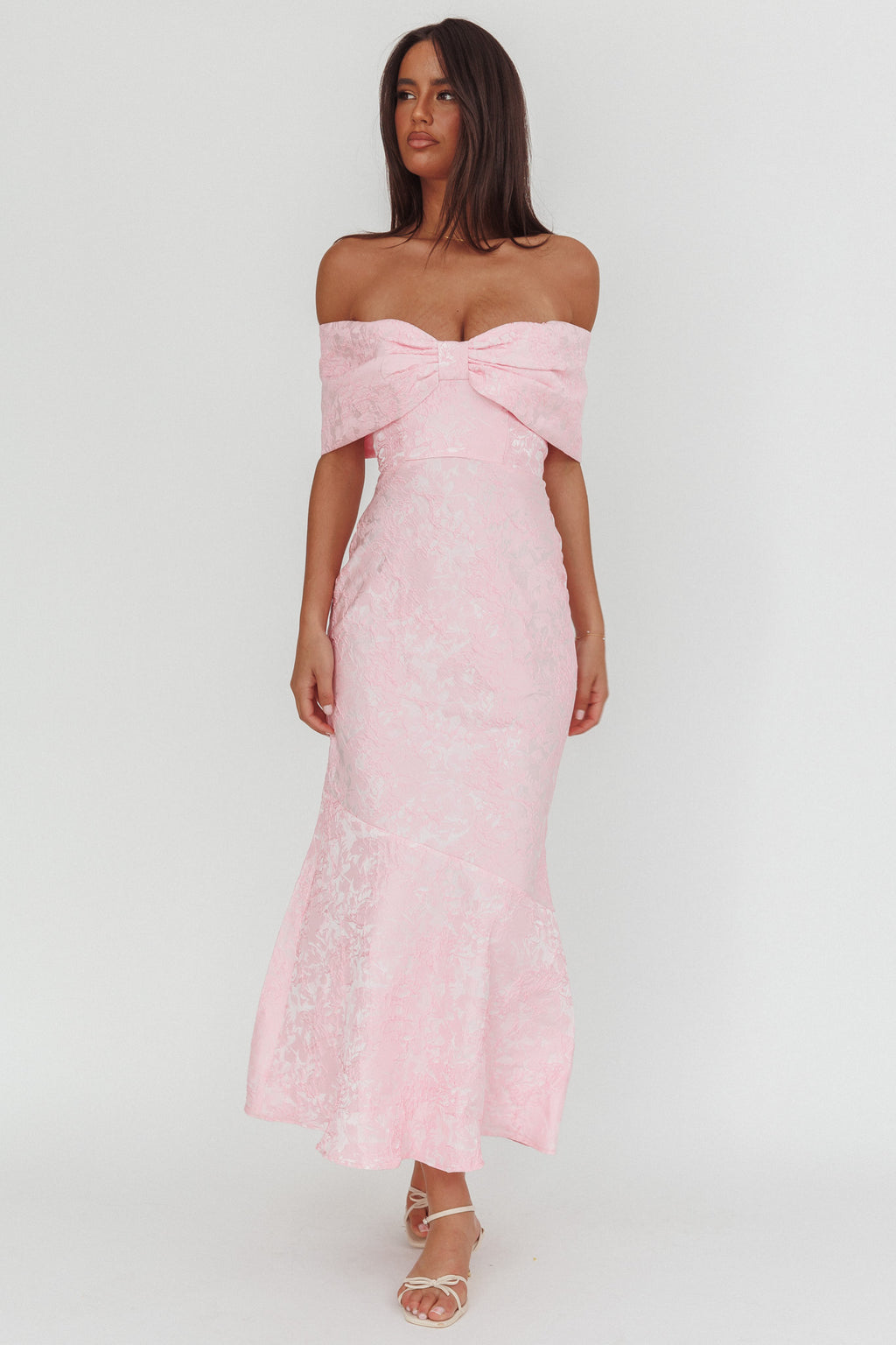 Fairytales Off-Shoulder Jacquard Maxi Dress Pink by Selfie Leslie