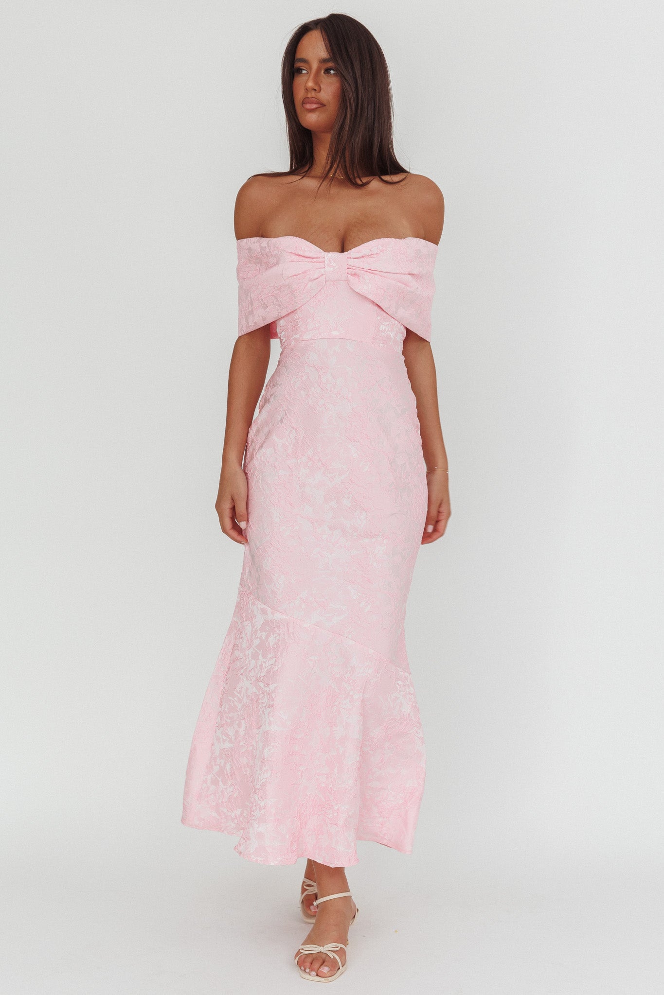 Fairytales Off-Shoulder Jacquard Maxi Dress Pink by Selfie Leslie
