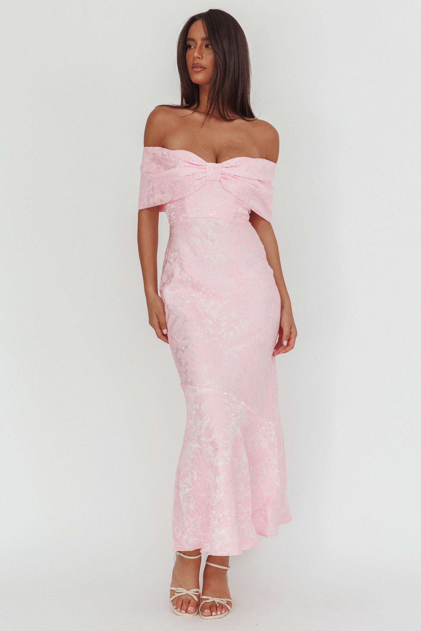 Fairytales Off-Shoulder Jacquard Maxi Dress Pink | Selfie Leslie