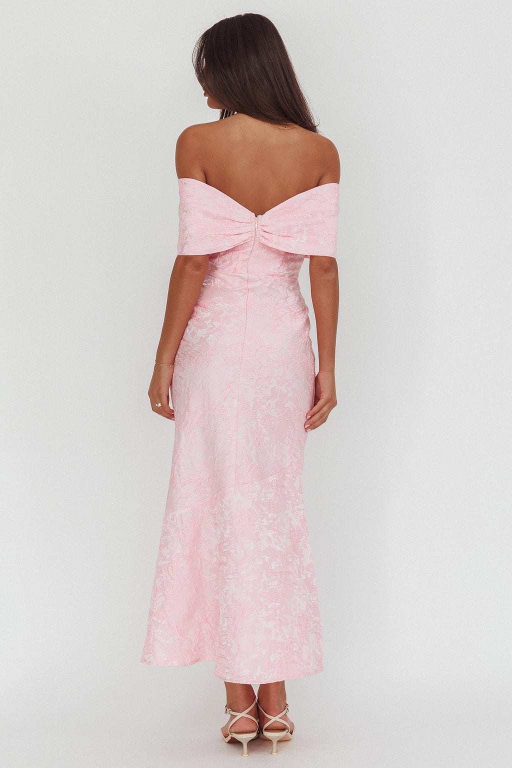 Fairytales Off-Shoulder Jacquard Maxi Dress Pink by Selfie Leslie