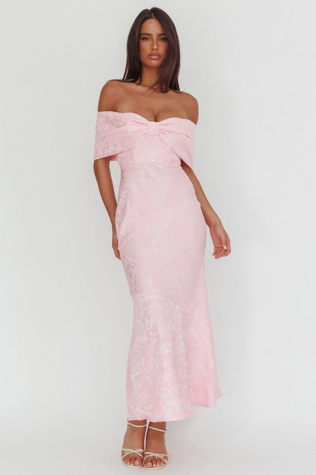 Fairytales Off-Shoulder Jacquard Maxi Dress Pink by Selfie Leslie