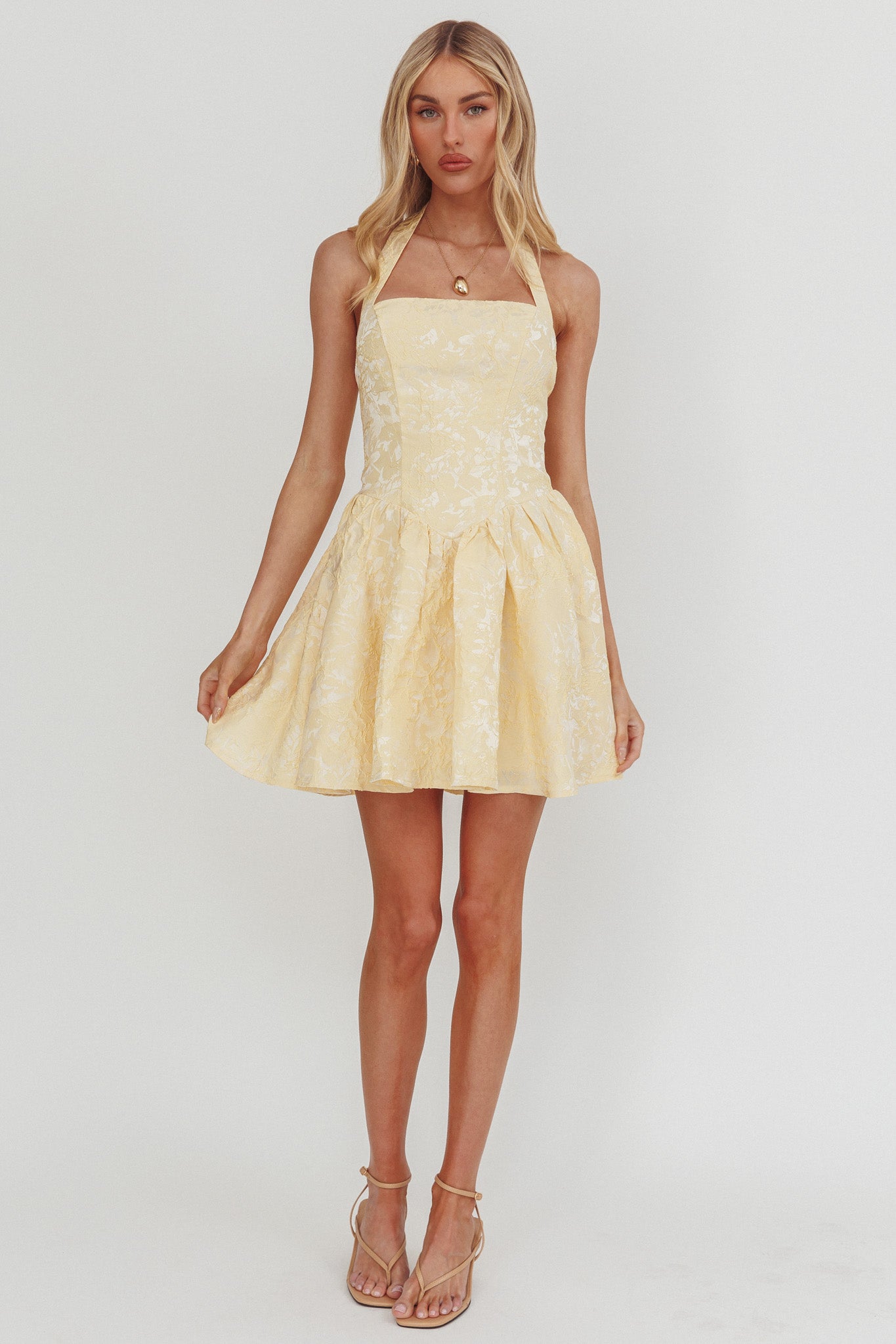 Serrah Halter Mini Dress Jacquard Butter - S Serrah Halter Mini Dress Jacquard Butter - S