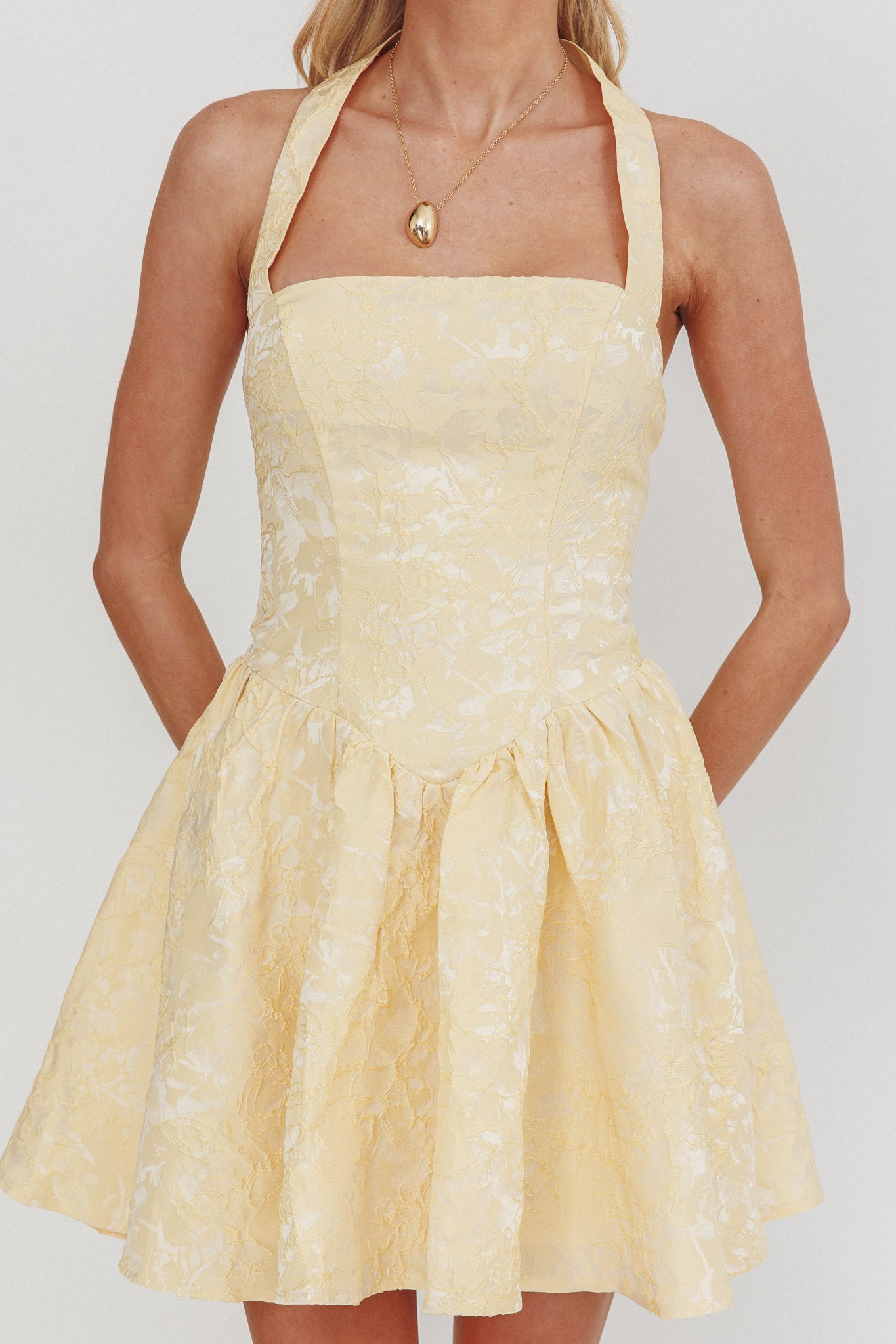 Serrah Halter Mini Dress Jacquard Butter by Selfie Leslie