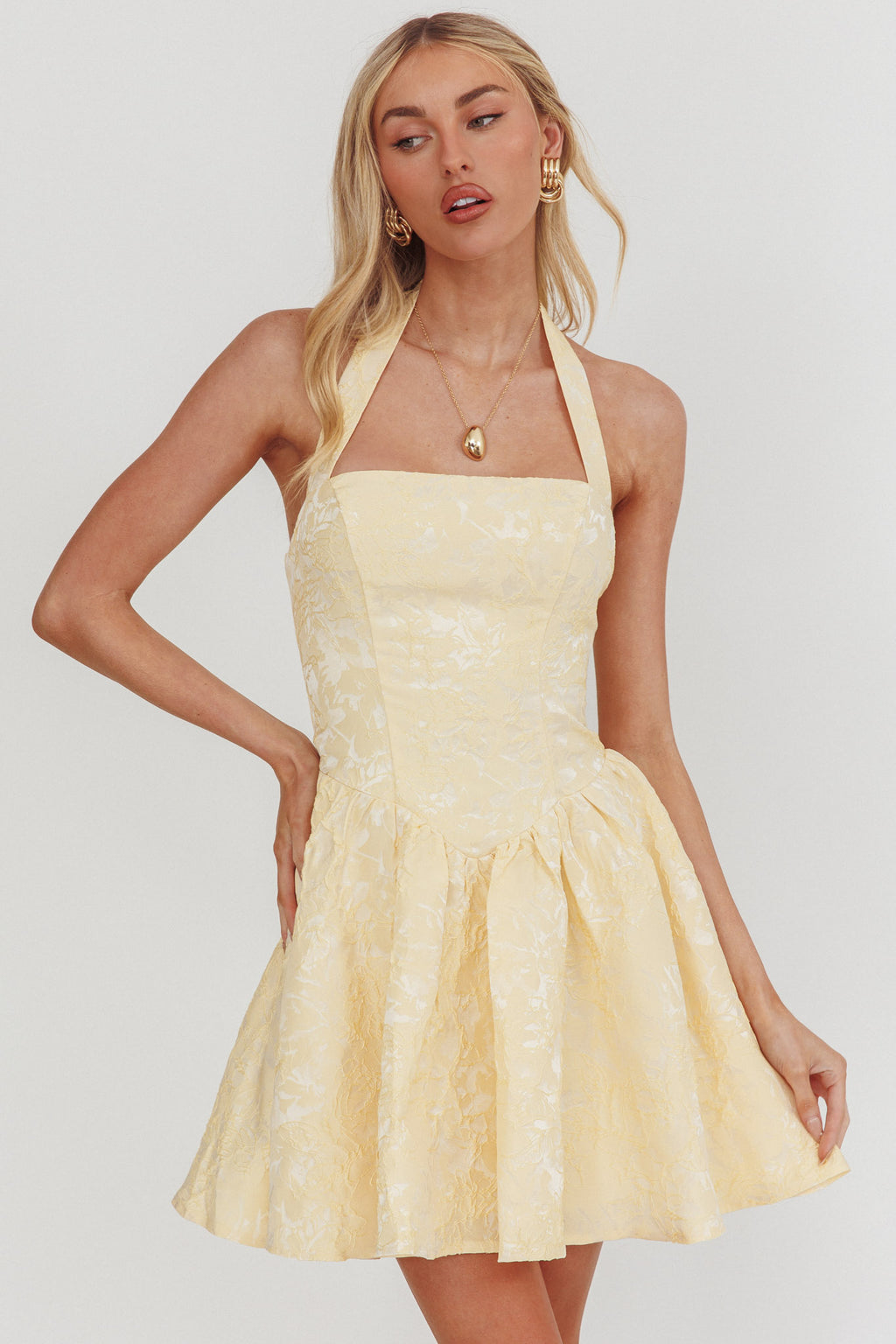 Serrah Halter Mini Dress Jacquard Butter by Selfie Leslie
