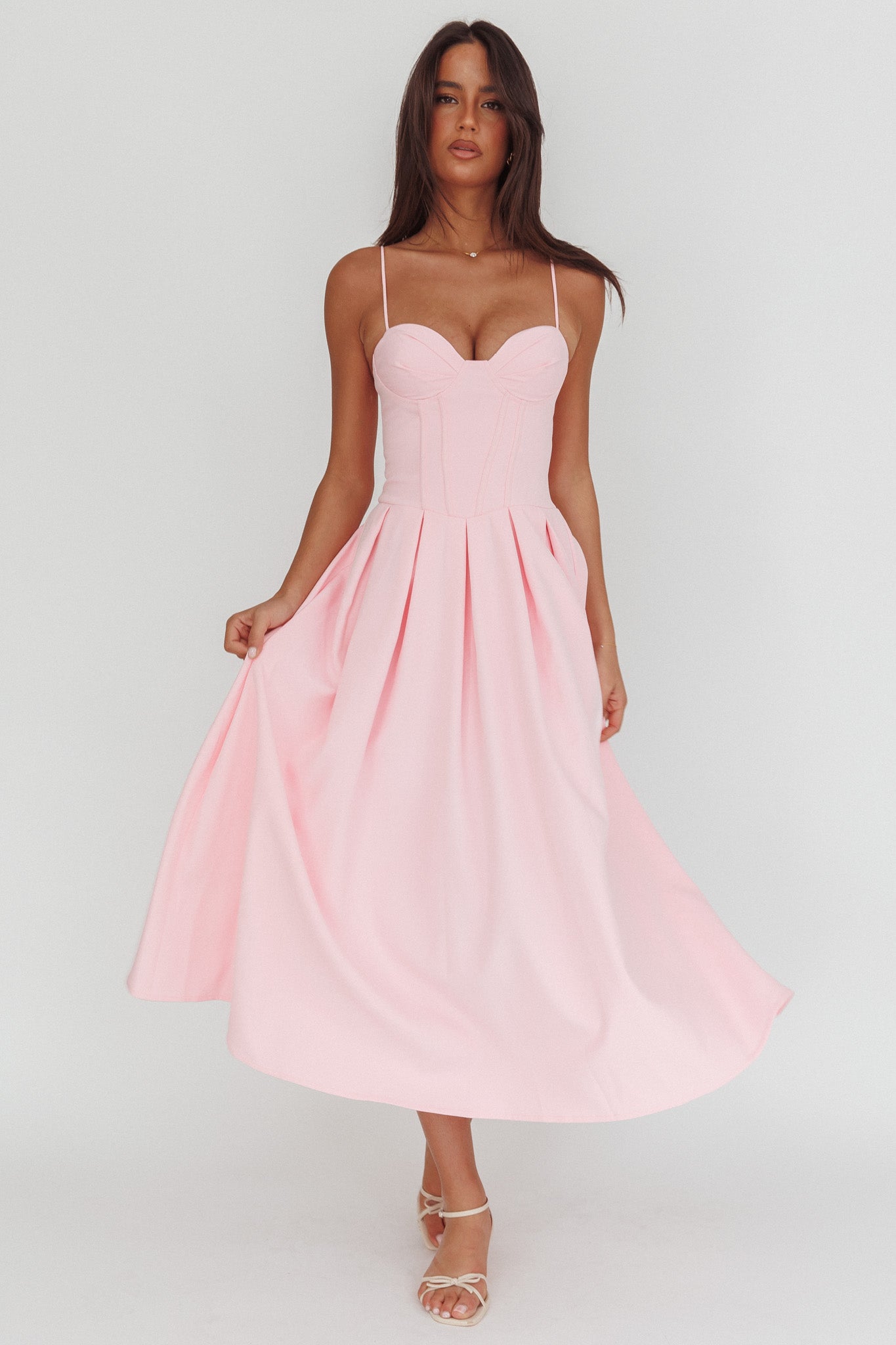 Kearsy Box Pleat Sweetheart Neckline Midi Dress Pink by Selfie Leslie