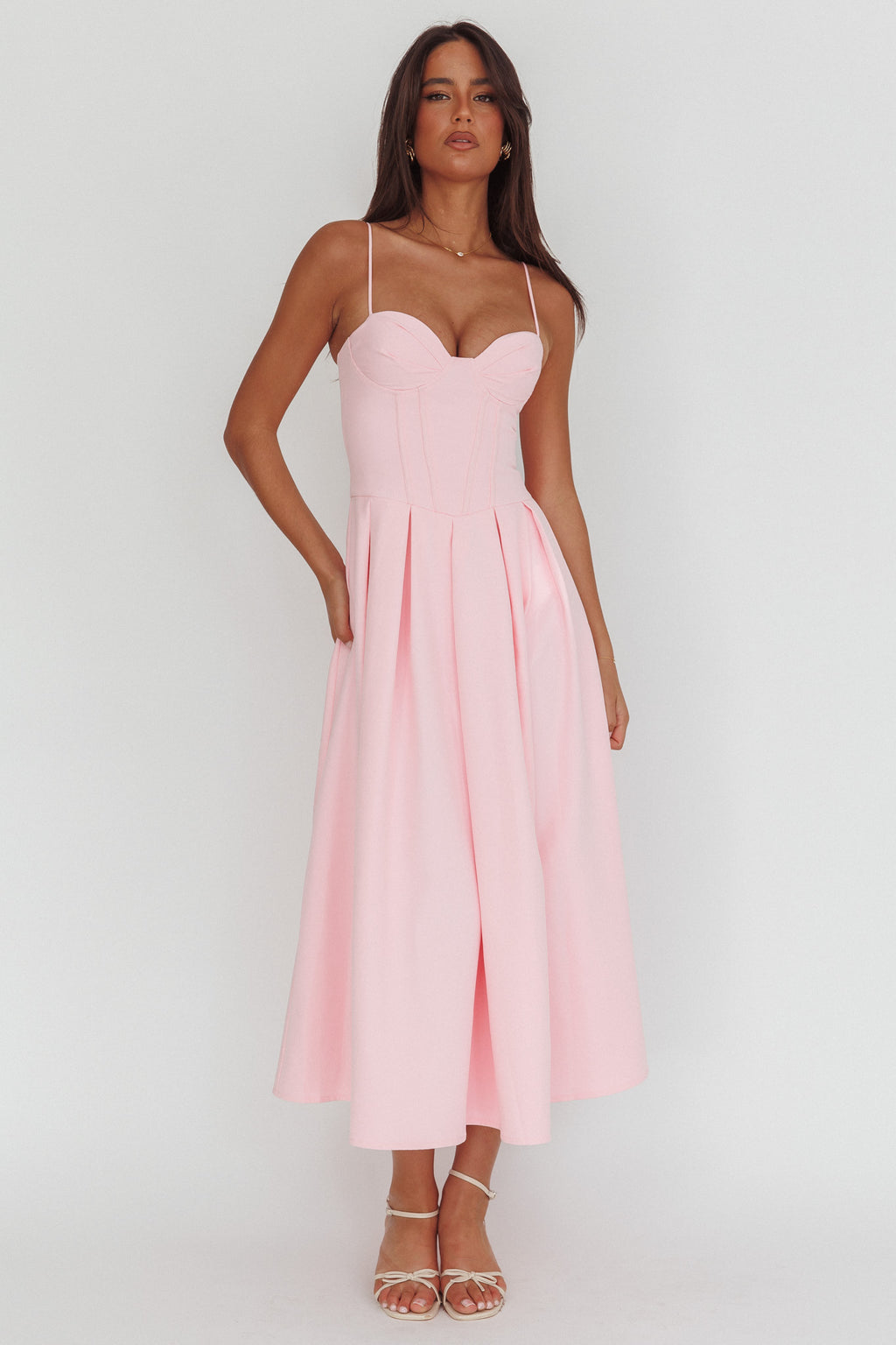 Kearsy Box Pleat Sweetheart Neckline Midi Dress Pink by Selfie Leslie