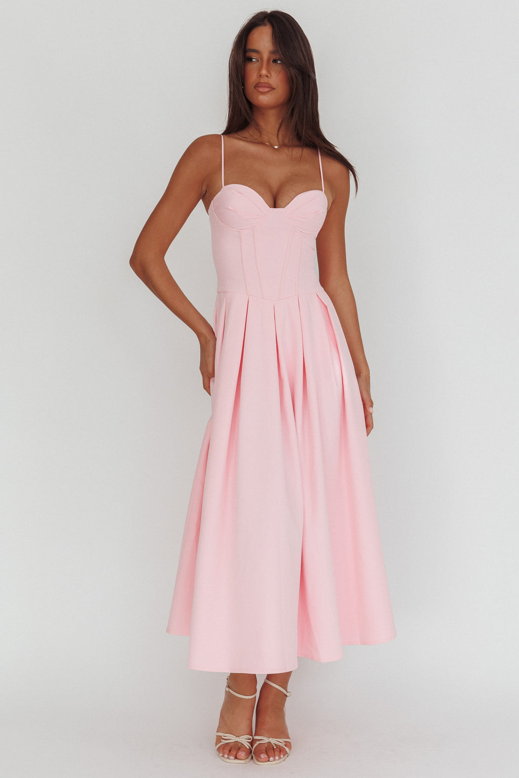 Kearsy Box Pleat Sweetheart Neckline Midi Dress Pink by Selfie Leslie