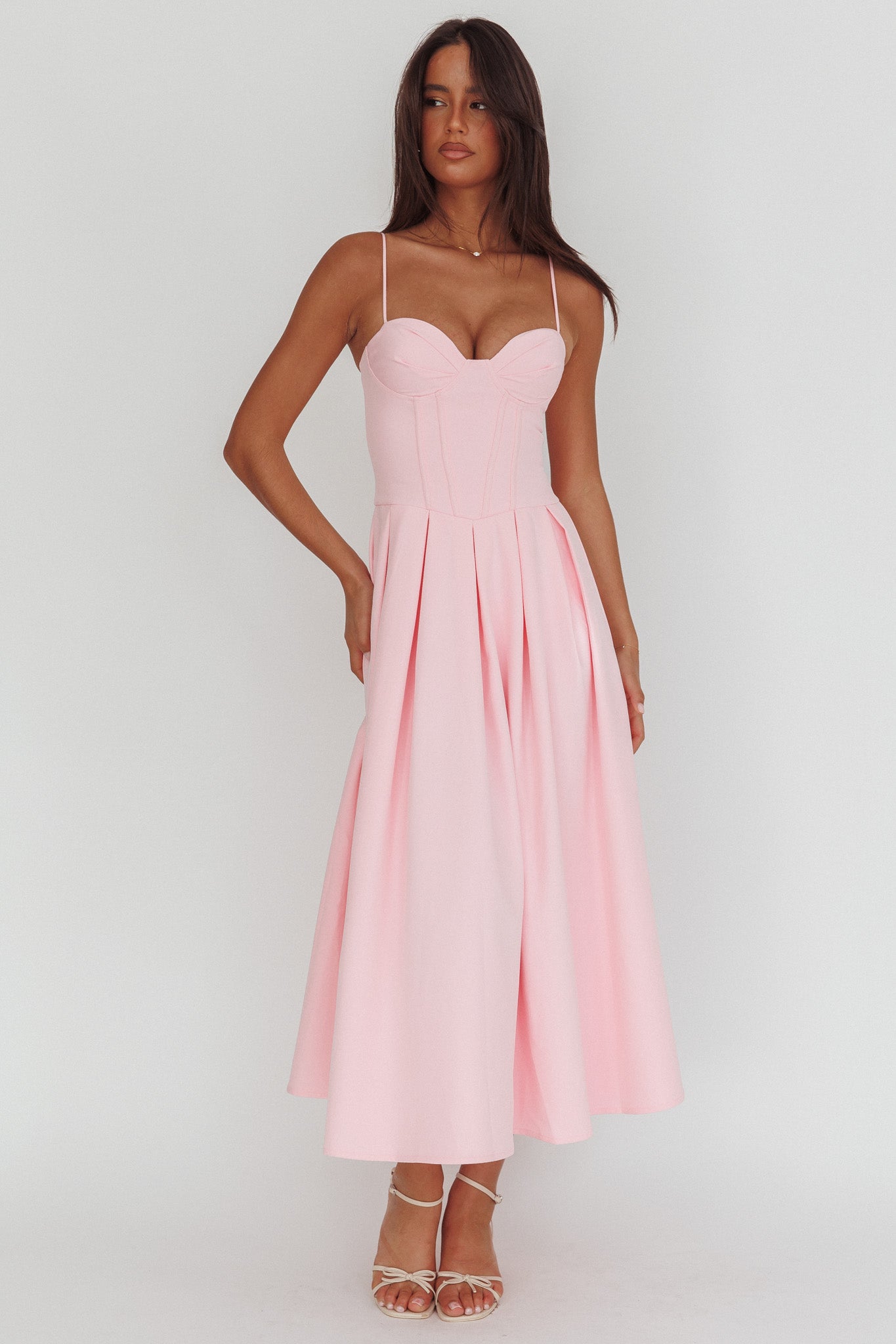 Kearsy Box Pleat Sweetheart Neckline Midi Dress Pink by Selfie Leslie