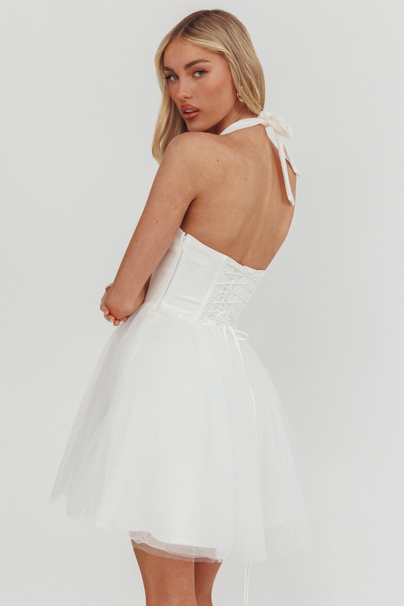 Princessa Sweetheart Neckline Halter Mini Dress White by Selfie Leslie