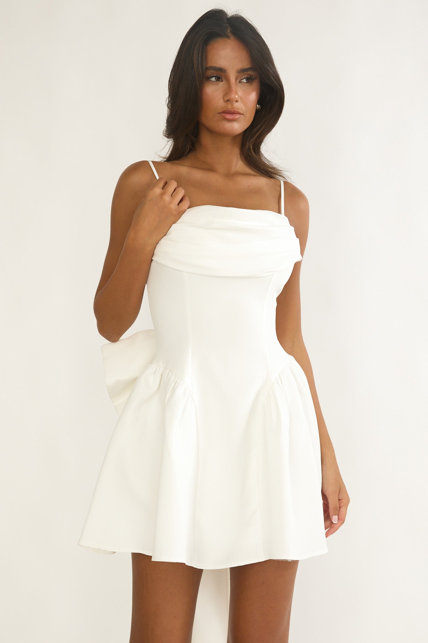 Wilder Oversized Back Bow Mini Dress White by Selfie Leslie