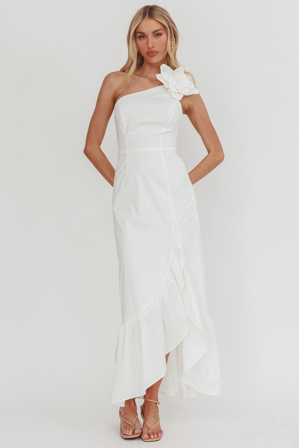 Dena One-Shoulder Frill Hem Maxi Dress White by Selfie Leslie