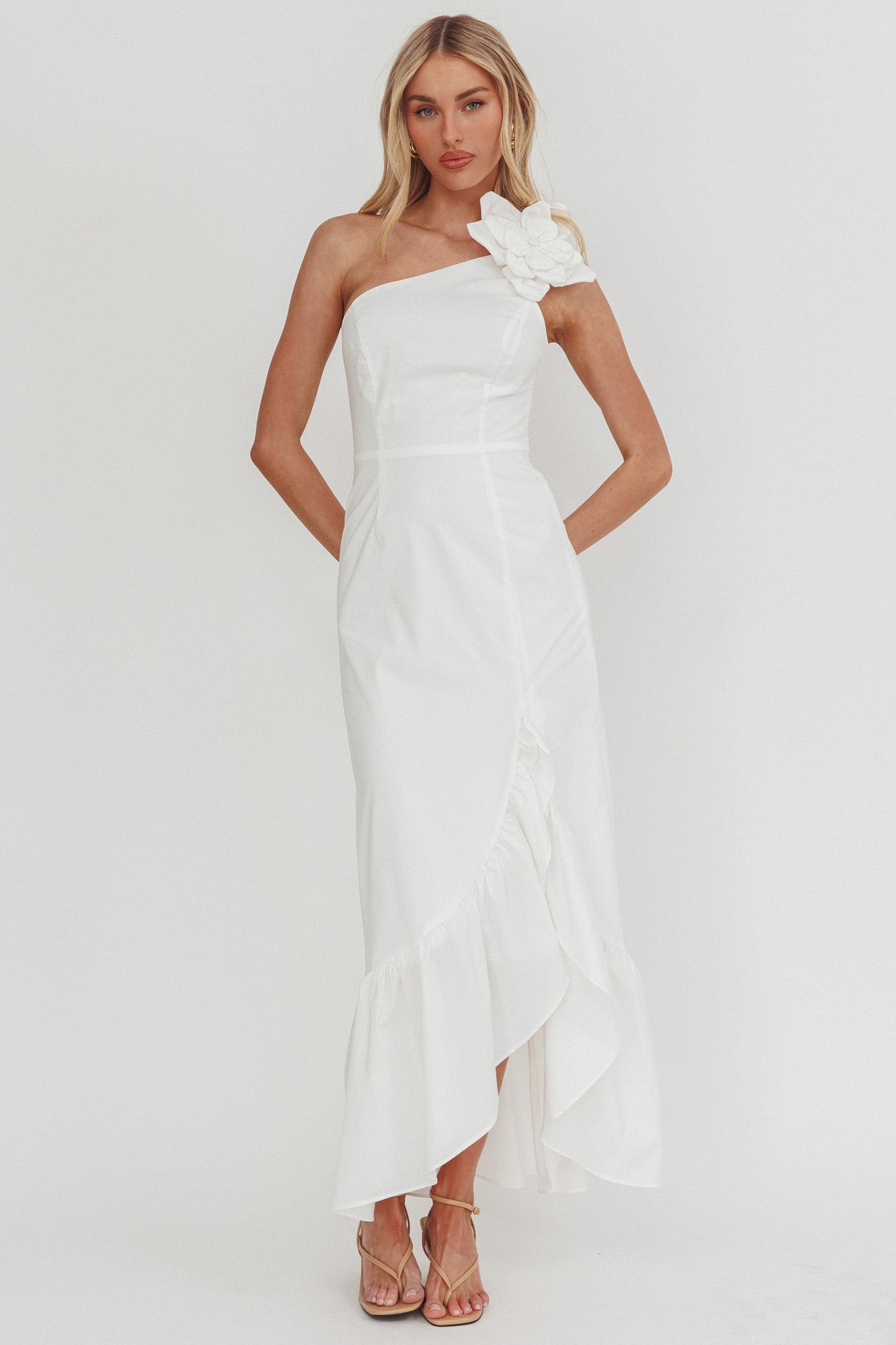 Dena One-Shoulder Frill Hem Maxi Dress White by Selfie Leslie
