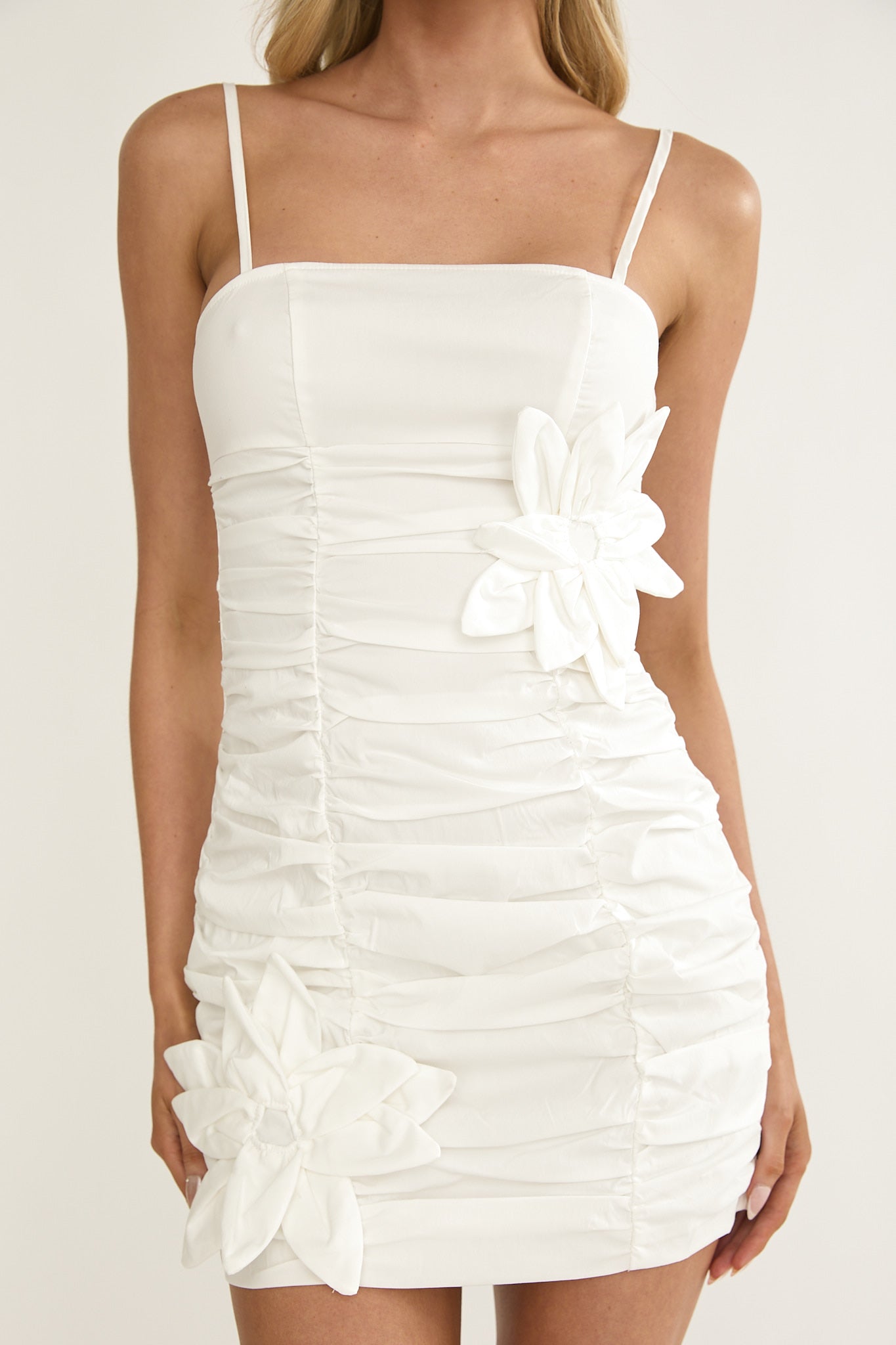Mirisa Flower Accent Smocked Mini Dress White by Selfie Leslie