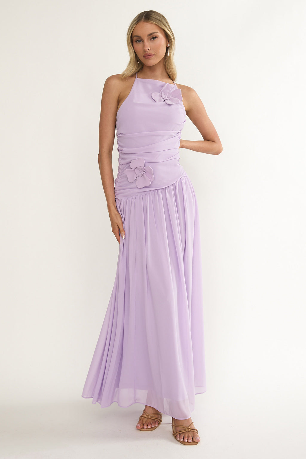 Brighten Drop Waist Flower Accent Maxi Dress Lilac - S Brighten Drop Waist Flower Accent Maxi Dress Lilac - S