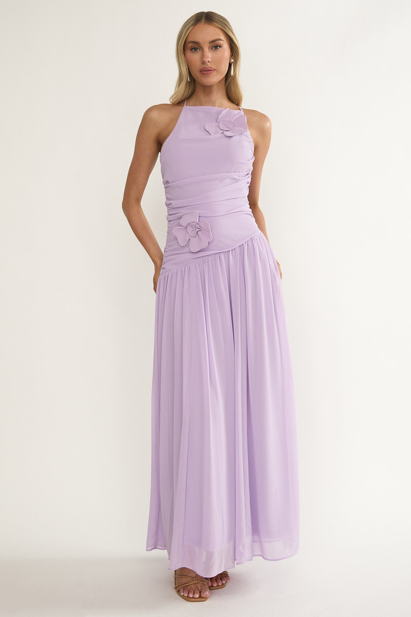 Brighten Drop Waist Flower Accent Maxi Dress Lilac - M Brighten Drop Waist Flower Accent Maxi Dress Lilac - M