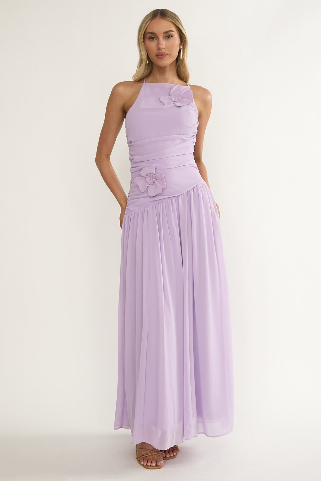Brighten Drop Waist Flower Accent Maxi Dress Lilac by Selfie Leslie
