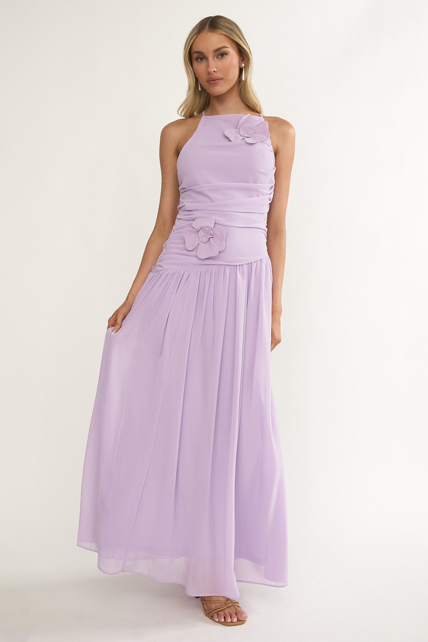 Brighten Drop Waist Flower Accent Maxi Dress Lilac - M Brighten Drop Waist Flower Accent Maxi Dress Lilac - M