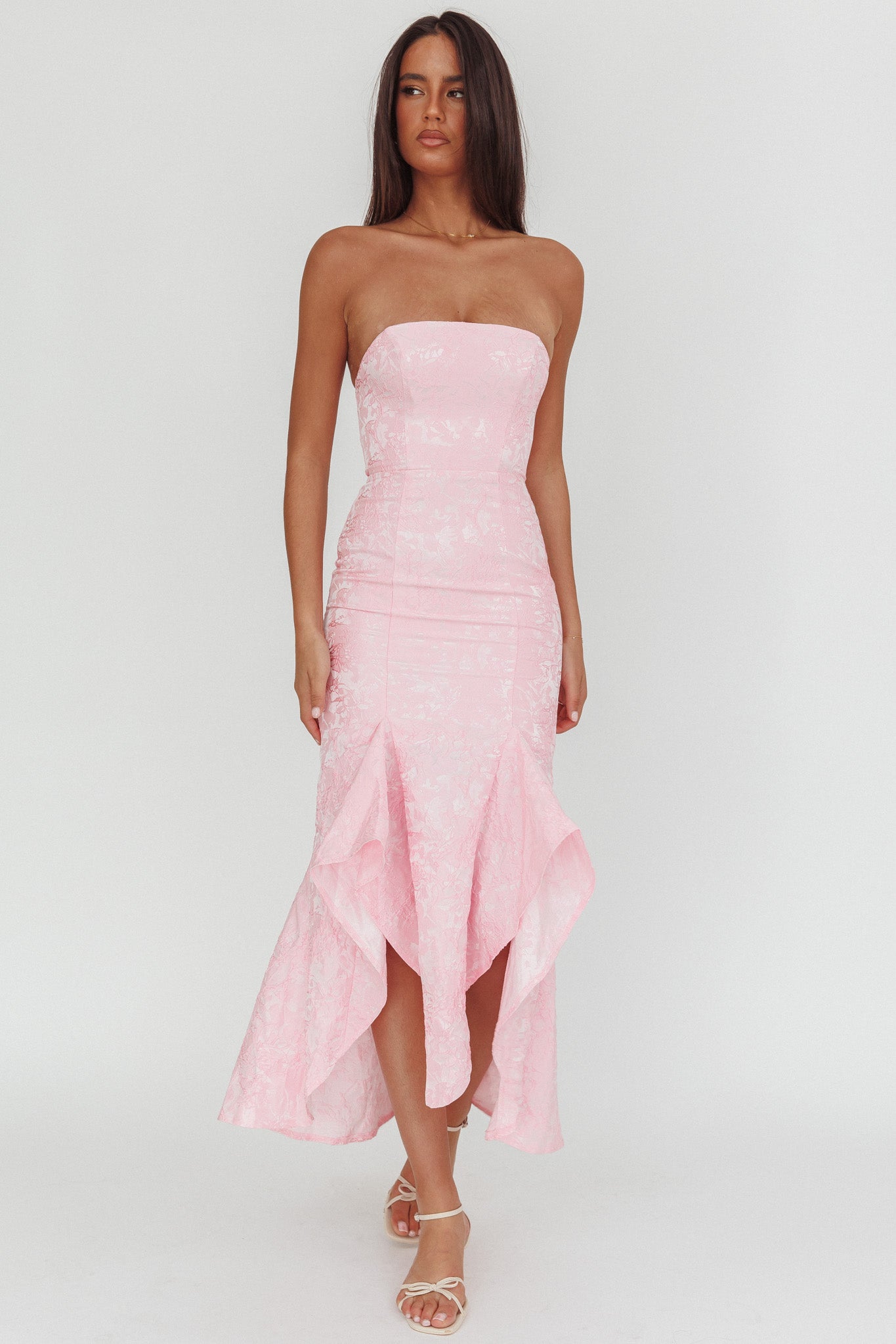 Corin Strapless High-Low Hem Maxi Dress Jacquard Pink by Selfie Leslie