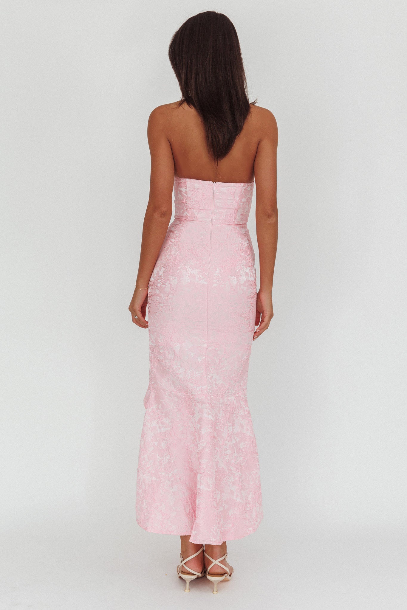 women's light pink strapless sexy dress for date night Corin Strapless High-Low Hem Maxi Dress Jacquard Pink