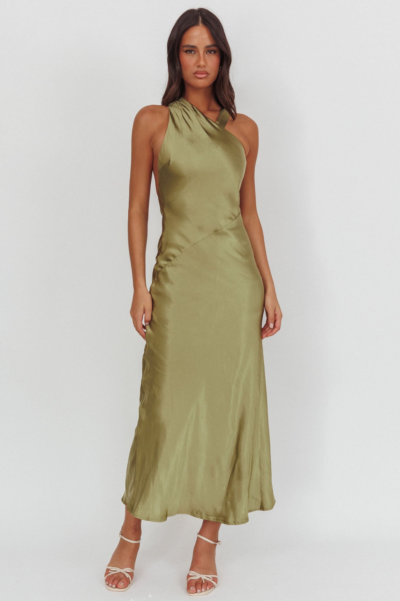 Florisse Asymmetric Neckline Maxi Dress Olive