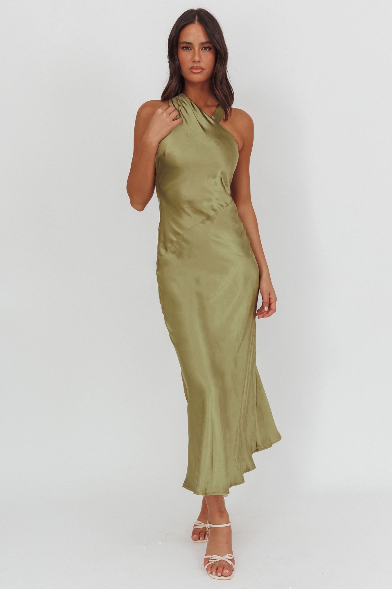 Florisse Asymmetric Neckline Maxi Dress Olive by Selfie Leslie
