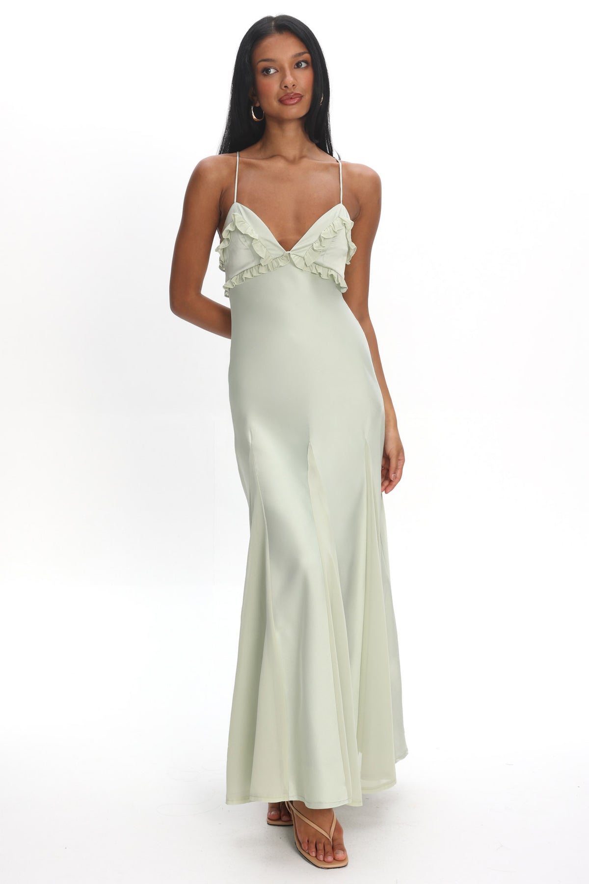 clingy maxi dress Caryn Frill Trim Godet Sage Made for warm weather Vintage Princess Lace Appliqued Size:Large 11/12-14/16W pcat-329