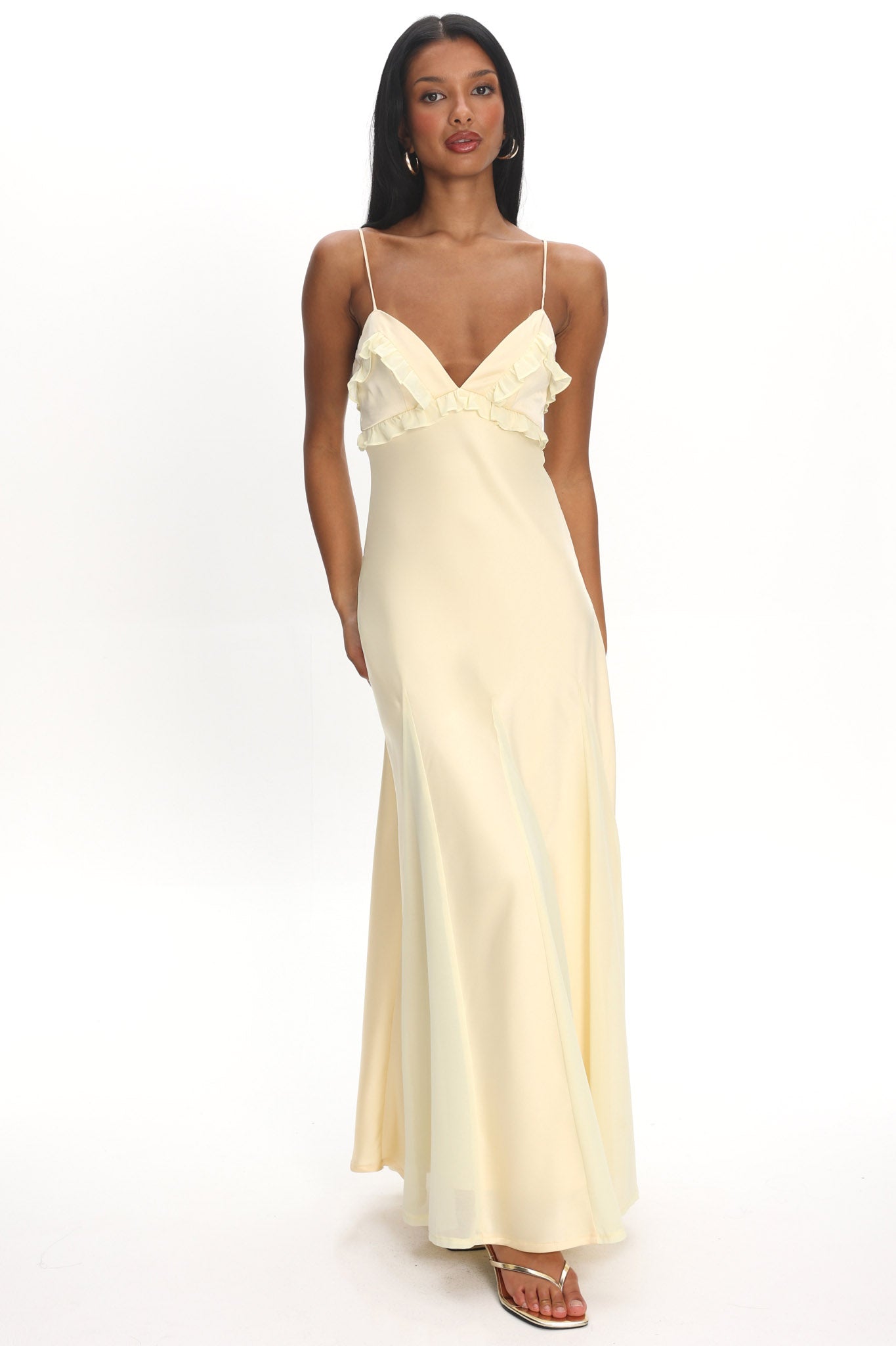 Caryn Frill Trim Godet Maxi Dress Yellow | Selfie Leslie