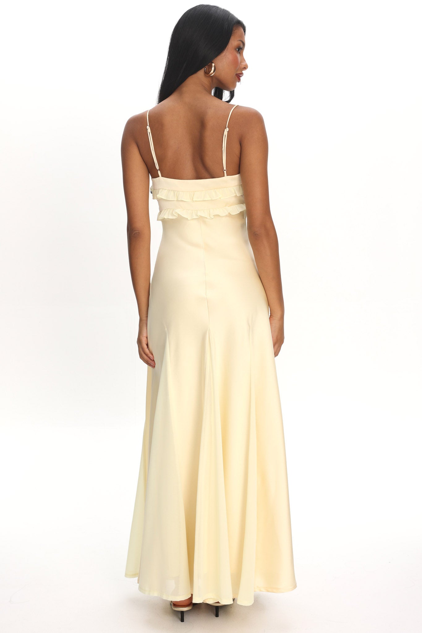 godet maxi dress Caryn Frill Trim Godet Maxi Dress Yellow