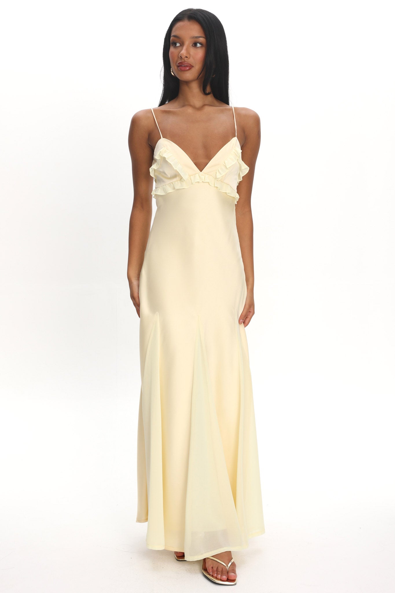 Caryn Frill Trim Godet Maxi Dress Yellow | Selfie Leslie
