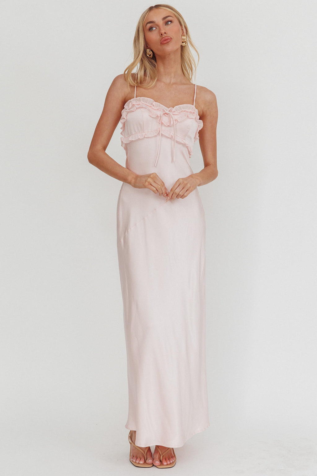 Caryn Frill Trim Maxi Dress Pink by Selfie Leslie