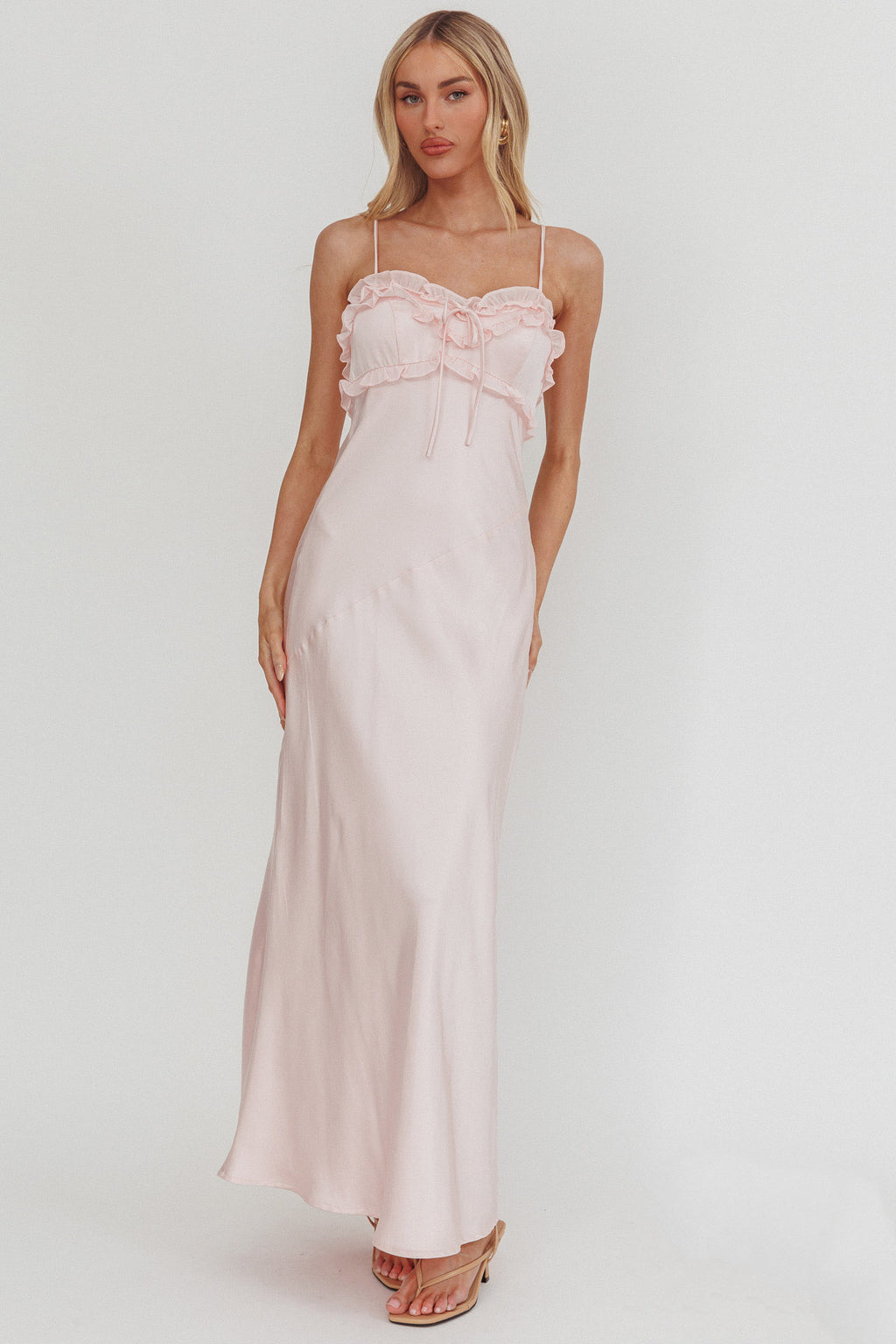Caryn Frill Trim Maxi Dress Pink by Selfie Leslie