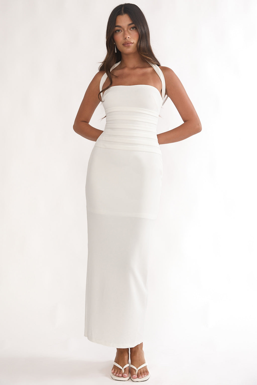 Fly Me To Paris Pleat Bodice Halterneck Maxi Dress White by Selfie Leslie