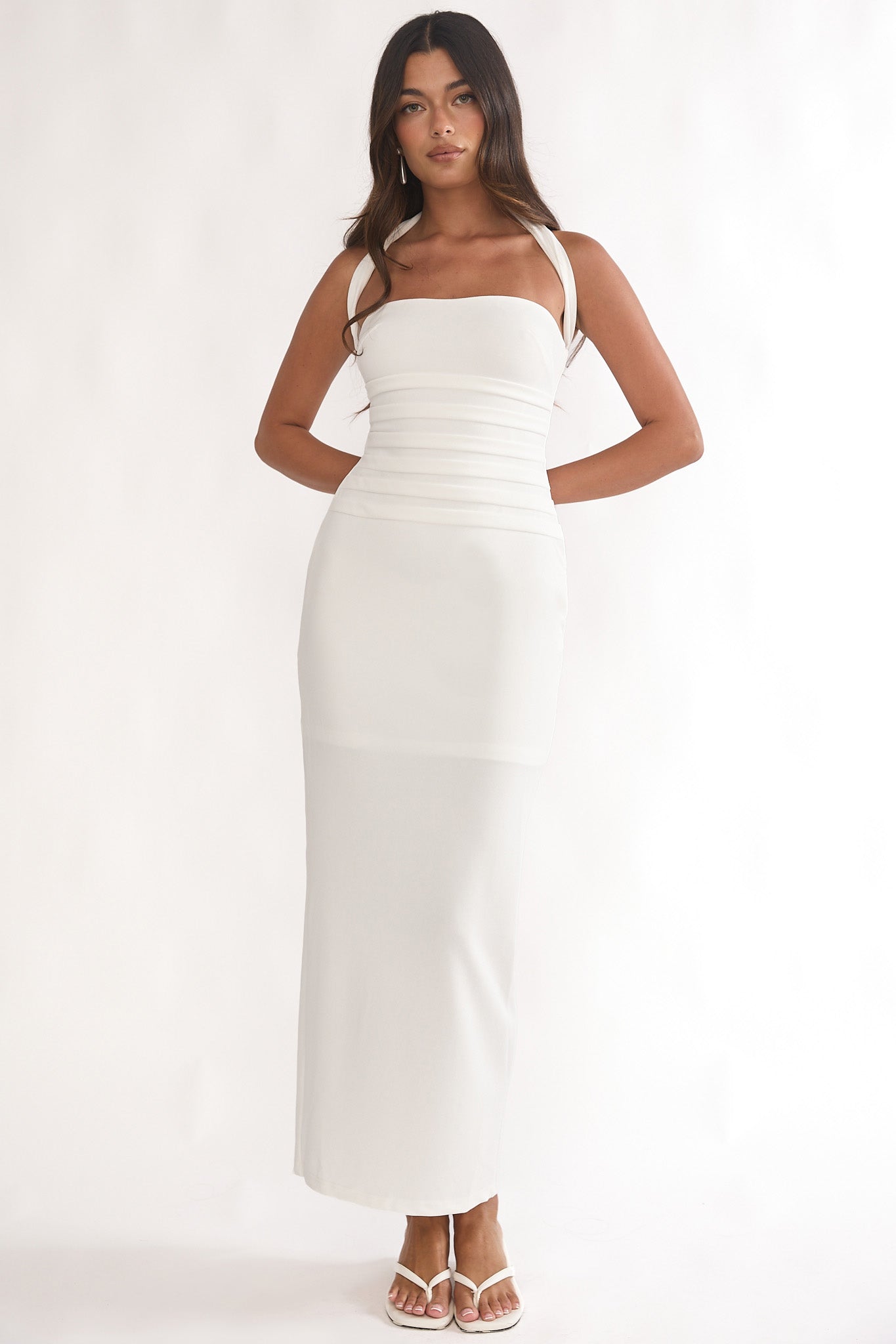 Fly Me To Paris Pleat Bodice Halterneck Maxi Dress White by Selfie Leslie