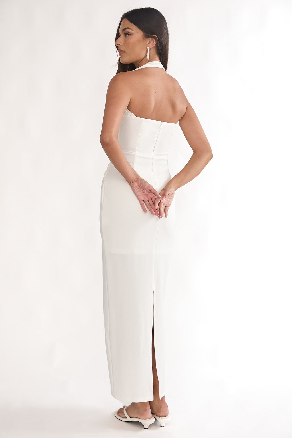Fly Me To Paris Pleat Bodice Halterneck Maxi Dress White by Selfie Leslie