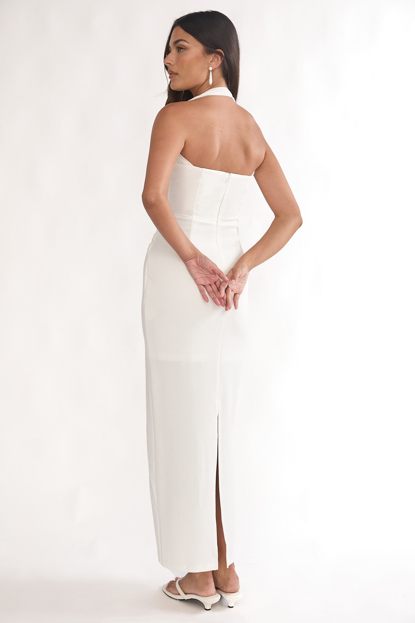 Fly Me To Paris Pleat Bodice Halterneck Maxi Dress White by Selfie Leslie