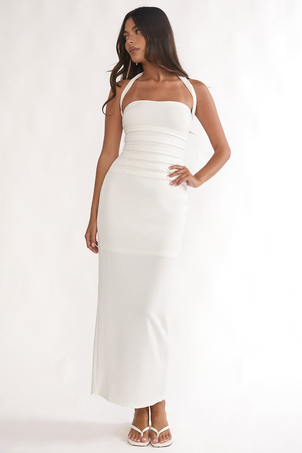 Fly Me To Paris Pleat Bodice Halterneck Maxi Dress White by Selfie Leslie