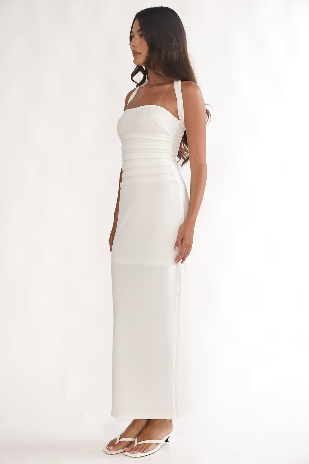 Fly Me To Paris Pleat Bodice Halterneck Maxi Dress White by Selfie Leslie