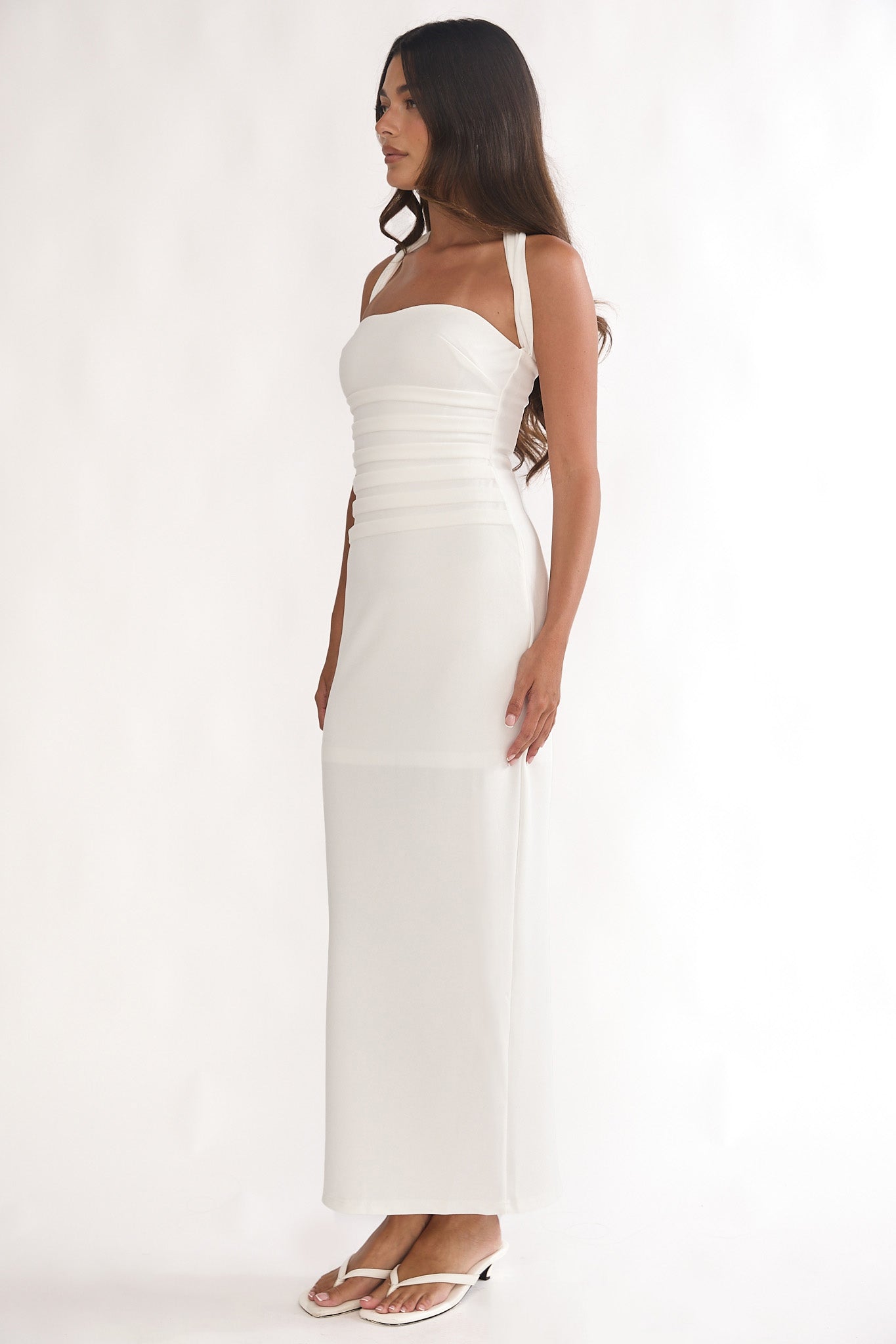Fly Me To Paris Pleat Bodice Halterneck Maxi Dress White by Selfie Leslie