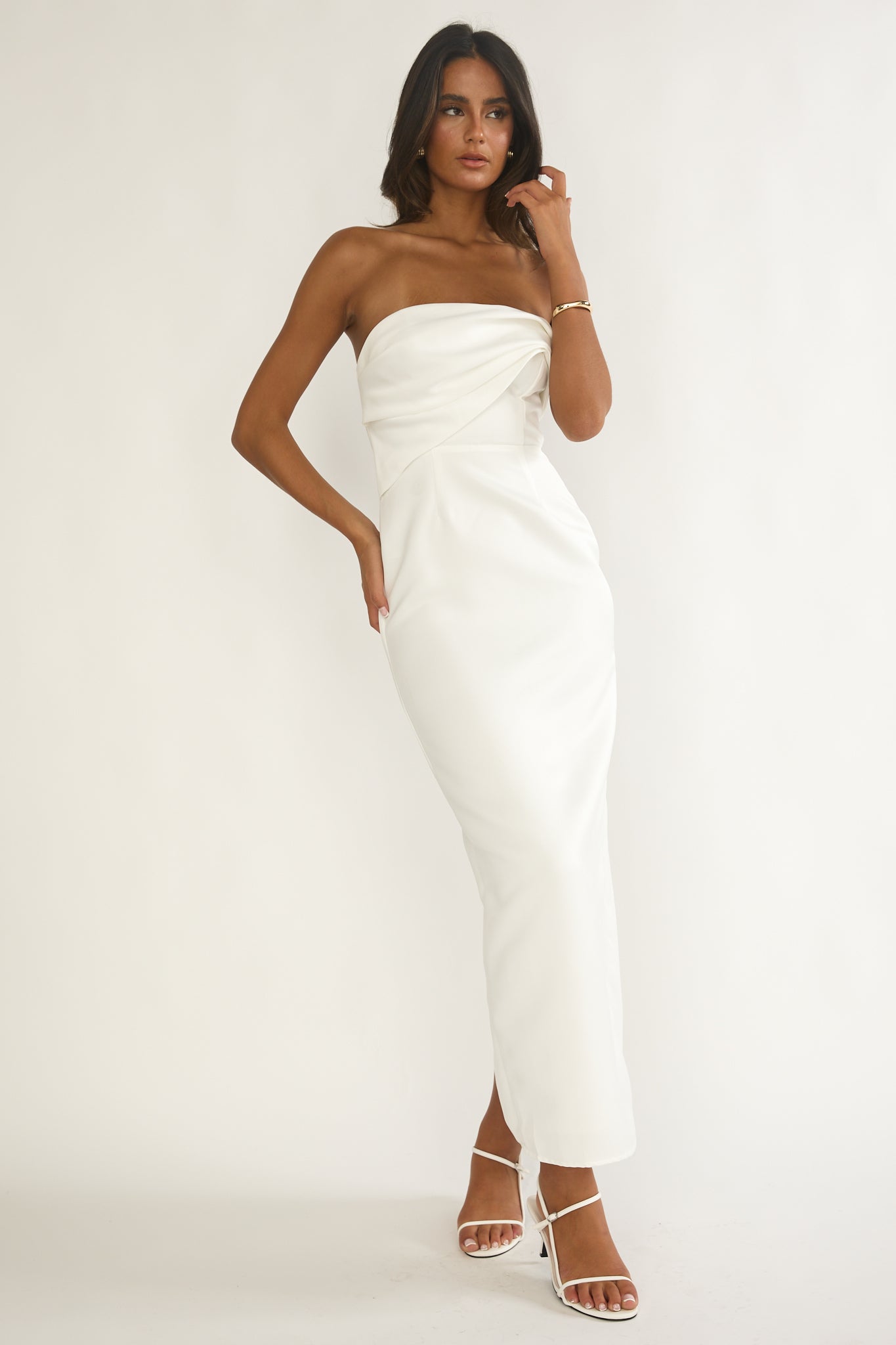 Fleur Sky Strapless Pleat Bust Maxi Dress White by Selfie Leslie