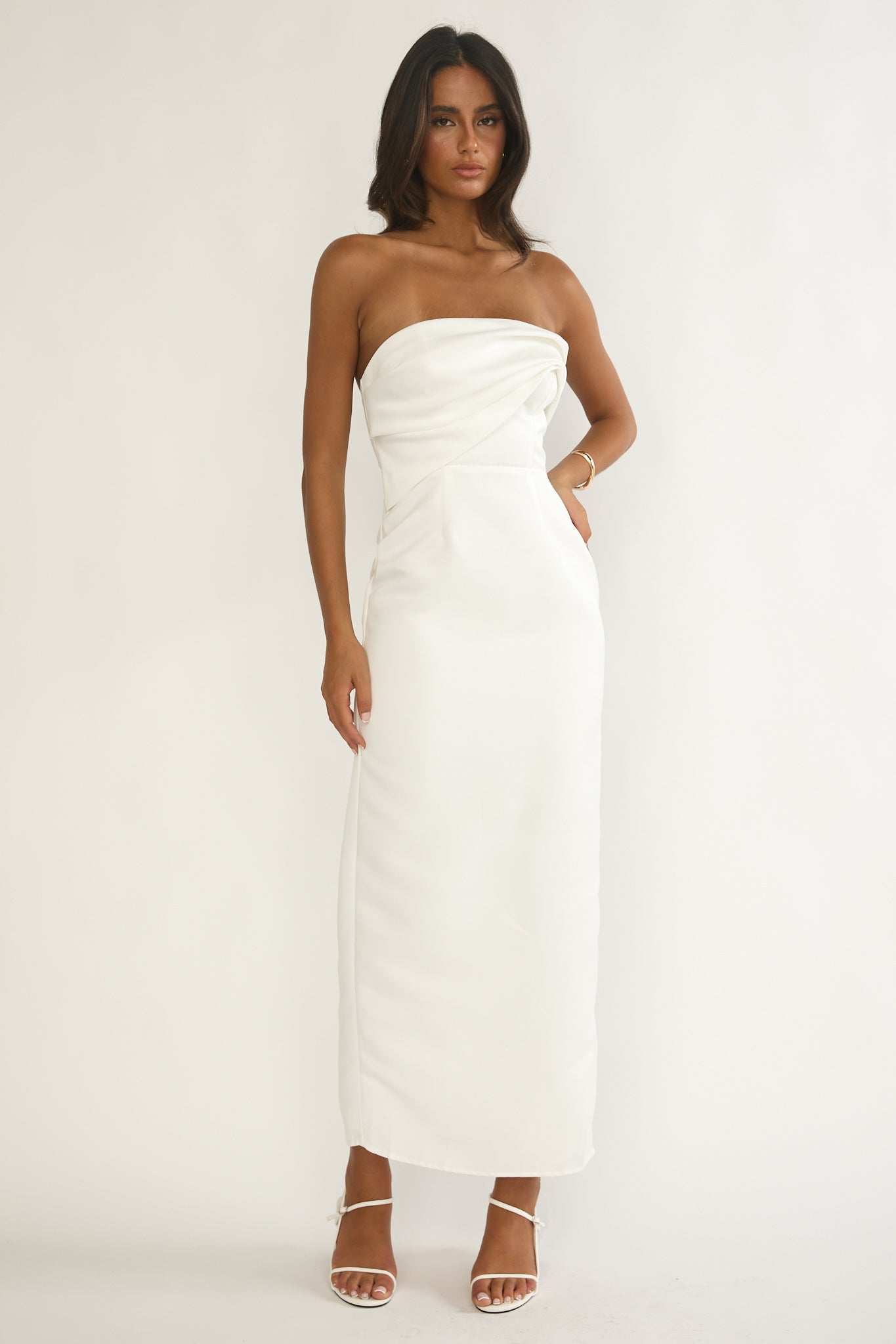 Fleur Sky Strapless Pleat Bust Maxi Dress White | Selfie Leslie