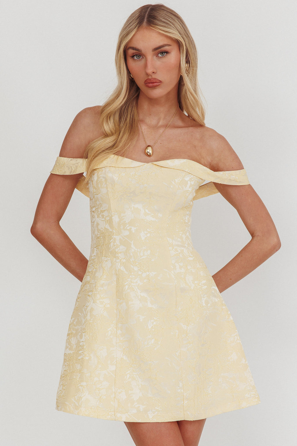 Mikado Off-Shoulder Foldover Mini Dress Jacquard Butter - M Mikado Off-Shoulder Foldover Mini Dress Jacquard Butter - M